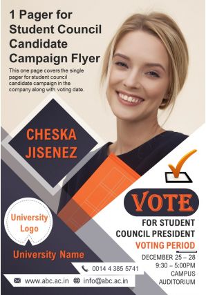 1 pager for student council candidate campaign flyer presentation report infographic ppt pdf document