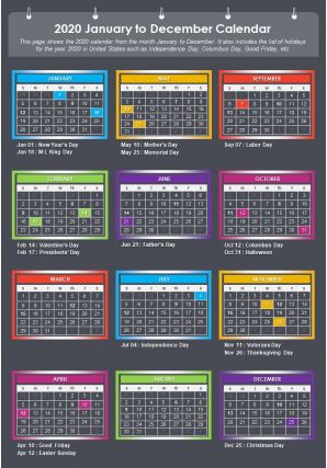 2020 january to december calendar presentation report infographic ppt pdf document