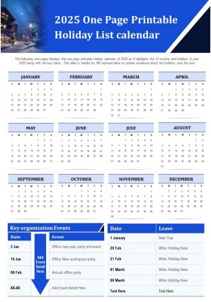 2025 one page printable holiday list calendar presentation report infographic ppt pdf document