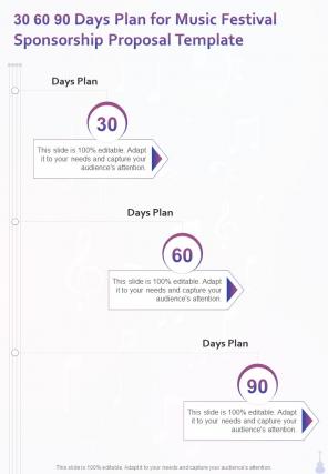 30 60 90 Days Plan For Music Festival Sponsorship Proposal Template One Pager Sample Example Document