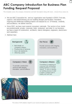 ABC Company Introduction For Business Plan Funding Request Proposal One Pager Sample Example Document