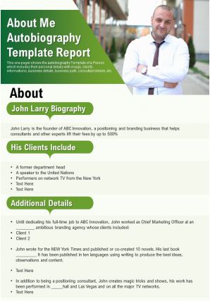 About me autobiography template report presentation report infographic ppt pdf document