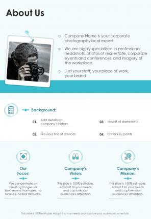 About Us Business Event Photography Proposal Template One Pager Sample Example Document