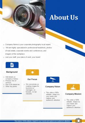 About Us Corporate Photography Proposal Template One Pager Sample Example Document