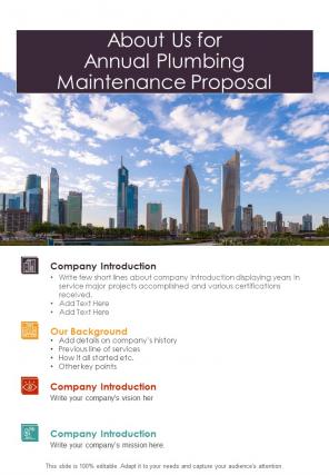 About Us For Annual Plumbing Maintenance Proposal One Pager Sample Example Document