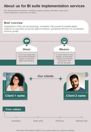 About Us For BI Suite Implementation One Pager Sample Example Document