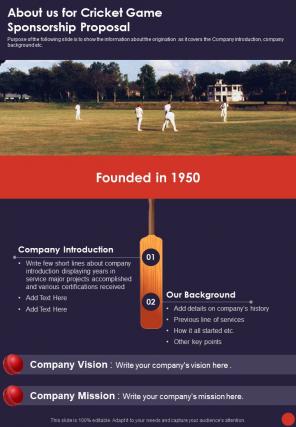 About Us For Cricket Game Sponsorship Proposal One Pager Sample Example Document