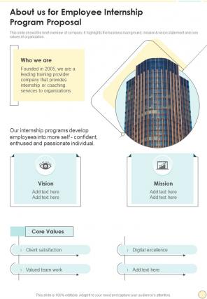About Us For Employee Internship Program Proposal One Pager Sample Example Document