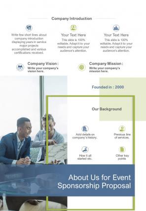 About Us For Event Sponsorship Proposal One Pager Sample Example Document