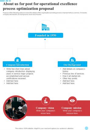 About Us For Post For Operational Excellence Process Optimization Proposal One Pager Sample Example Document