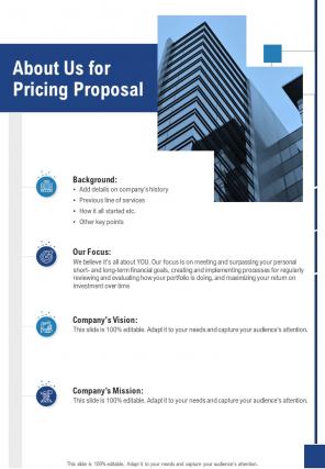 About Us For Pricing Proposal One Pager Sample Example Document