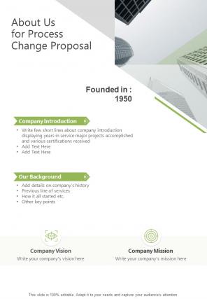 About Us For Process Change Proposal One Pager Sample Example Document