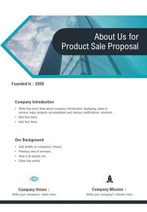 About Us For Product Sale Proposal One Pager Sample Example Document