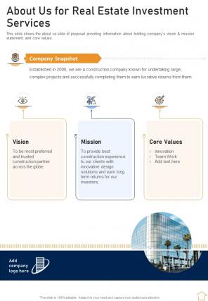 About Us For Real Estate Investment Services One Pager Sample Example Document