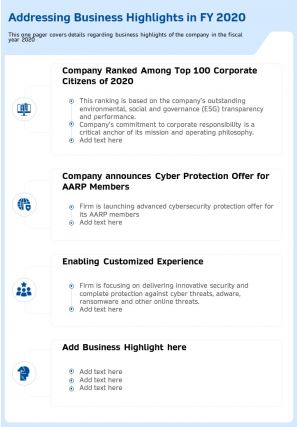 Addressing business highlights in fy 2020 template 63 presentation report infographic ppt pdf document