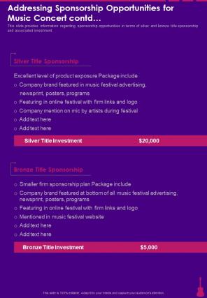 Addressing Sponsorship Opportunities For Music Concert Contd One Pager Sample Example Document