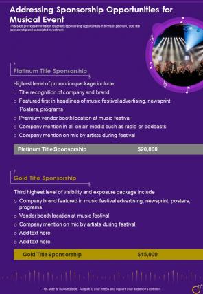 Addressing Sponsorship Opportunities For Musical Event Contd One Pager Sample Example Document