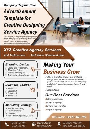 Advertisement template for creative designing service agency presentation report infographic ppt pdf document