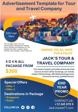 Advertisement template for tour and travel company presentation report infographic ppt pdf document