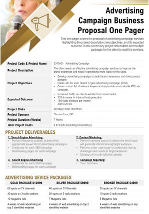 Advertising campaign business proposal one pager presentation report ppt pdf document