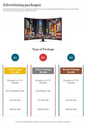 Advertising Packages Tv Endorsement Service Proposal One Pager Sample Example Document