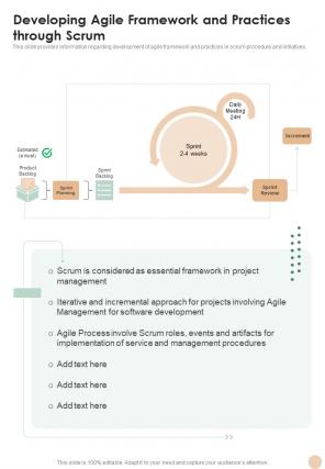 Agile Developing Agile Framework And Practices Through Scrum One Pager Sample Example Document