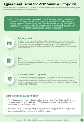 Agreement Terms For Voip Services Proposal One Pager Sample Example Document