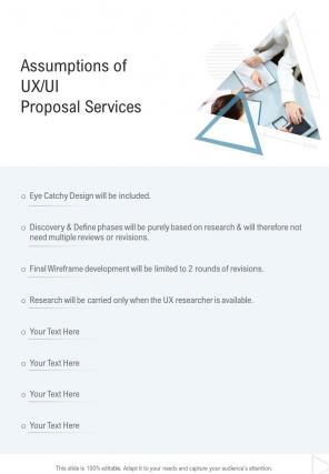 Assumptions Of Ux Ui Proposal Services One Pager Sample Example Document