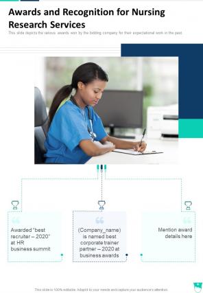 Awards And Recognition For Nursing Research Services One Pager Sample Example Document