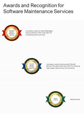 Awards And Recognition For Software Maintenance Services One Pager Sample Example Document