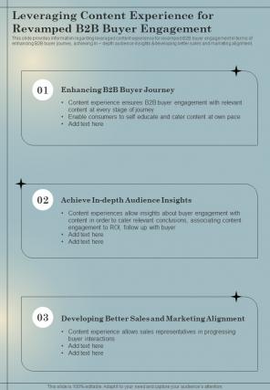 B2B Sales Playbook Leveraging Content Experience For One Pager Sample Example Document