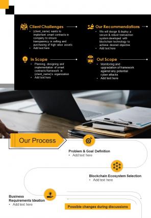 Bi fold blockchain theme proposal for smart contracts document report pdf ppt template