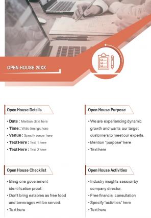 Bi fold business open house invite for consultancy with checklist document report pdf ppt template