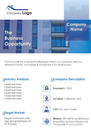 Bi fold business plan for buying commercial real estate document report pdf ppt template