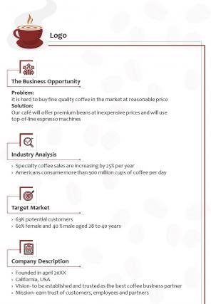 Bi fold cafe bistro business plan document report pdf ppt template one pager