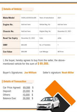 Bi fold car purchase and sale contract document report pdf ppt template