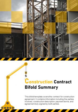 Bi fold construction contract summary document report pdf ppt template one pager