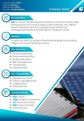 Bi fold financial consulting start up executive summary document report pdf ppt template