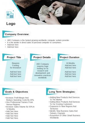 Bi fold funding proposal for business with strategies and budget estimate document report pdf ppt template