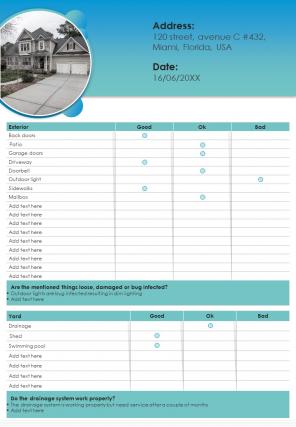 Bi fold inspection checklist of home exterior and garage document pdf ppt template one pager