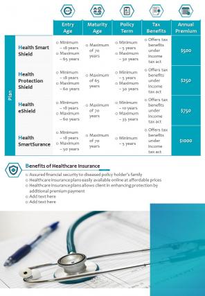 Bi fold insurance agency health care plans comparison and price chart pdf ppt template one pager