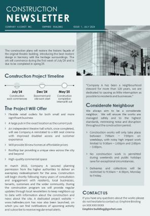 One Page Construction Plan Detailed Newsletter Presentation Report Infographic PPT PDF Document