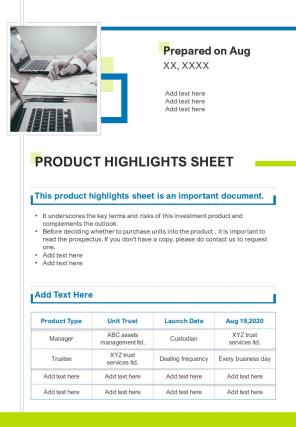 Bi fold product highlight sheet document report pdf ppt template