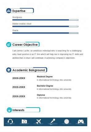 Bi fold professional cv template of it graduate document report pdf ppt one pager