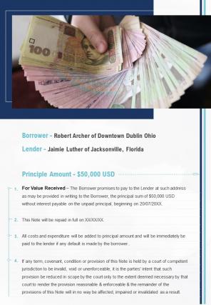 Bi fold promissory note for borrowing money document report pdf ppt template