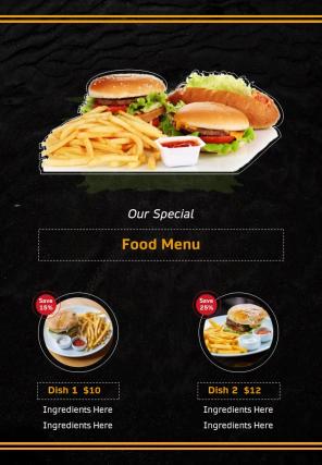 Bi fold restaurant special food menu templates document report pdf ppt one pager