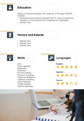 Bi fold senior manager technical resume document report pdf ppt template one pager