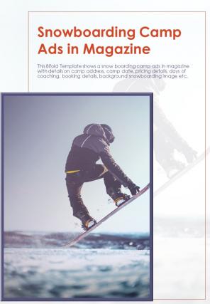 Bi fold snowboarding camp ads in magazine document report pdf ppt template