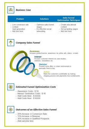 Bi fold summary of sales funnel in business process document report pdf ppt template one pager