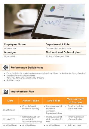 Bi fold top new joinee performance improvement plan pdf ppt template one pager